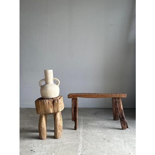 Small Organic Quadripod Bench in Upcycled Asian Teak with Openwork Seat, Matahari For Sale - Image 17 of 18