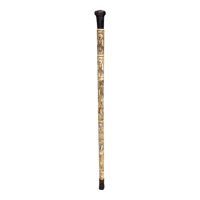 Vintage Chinese Monk Lohon Engraved Motif Bone Color Resin Inset Walking Stick For Sale