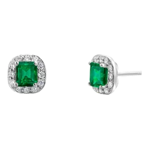 Emerald Shaped Emerald Diamond 1.20 Carat Halo 14 Karat White Gold 0.32 Inch Earrings - 2 Pieces