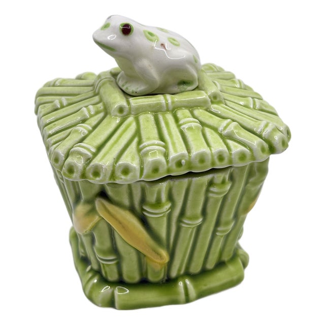 1970's Vintage Bamboo and Frog Decorative Lidded Jar/ Trinket Jar For Sale