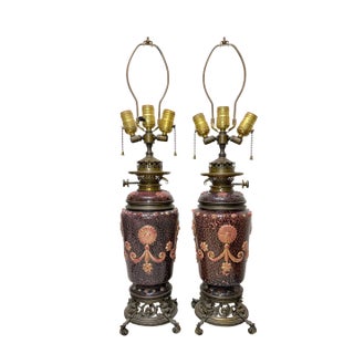 Rare Pair Antique 19th Century Hinks & Son Duplex Electrified Porcelain Bronze Oil Lamp For Sale