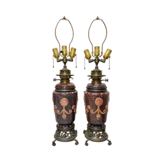Rare Pair Antique 19th Century Hinks & Son Duplex Electrified Porcelain Bronze Oil Lamp