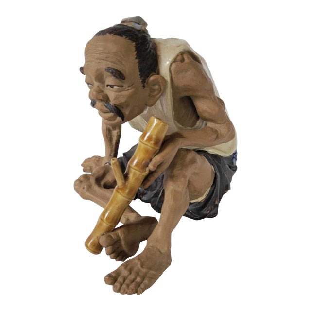 19/20th C Clay Statue of a Chinese Seated Man, Signed For Sale