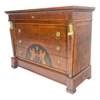 Bronze Mounts & Pulls Burl Wood Inlay Neoclassical 4 Drawers 48" Dresser MINT! For Sale