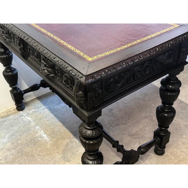 Late 19th Century British Carved Oak Leather Top Writing Table For Sale - Image 16 of 17