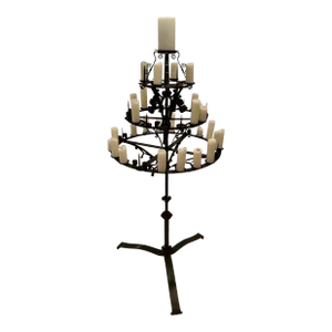 Monumental Black Hand Wrought Iron 3 Tiered Spanish Freestanding Candleabra