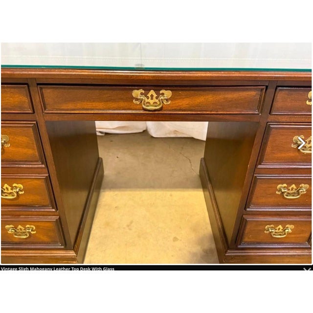 Chippendale Vintage Sligh Furniture Chippendale Mahogany and Tooled Leather Top Partners Desk With Glass For Sale - Image 3 of 18