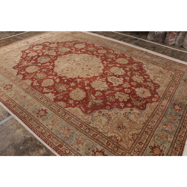 Persian Antique Tabriz Beige Red and Blue Wool Persian Floral Rug – Medallion Style For Sale - Image 3 of 10