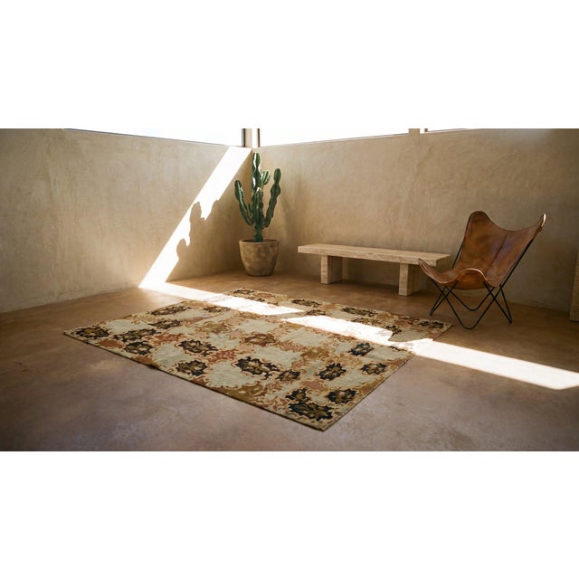 1890s Camel Floral Antique European English Needlepoint Rug 4'8" X 5'6" Woven Wool Carpet For Sale - Image 11 of 12