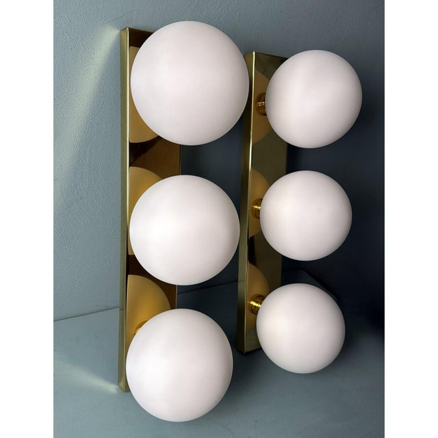 1980s Italian Wall Sconces Brass Frame and Three Opaline Glass Globes - Set of 2 For Sale - Image 4 of 12