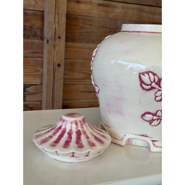 Ceramic Vintage Chinoiserie Handmade Ceramic Pagoda Lidded Jar With Raised Floral Motif For Sale - Image 7 of 11