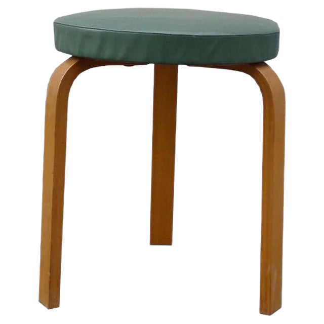 Vintage Minimalist Model 60 Stool with Green Leatherette by Alvar Aalto for Artek For Sale