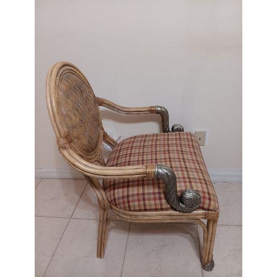 Traditional Vintage Bamboo Rattan Dining Armchair Metal Accents Set of 4 For Sale - Image 3 of 14