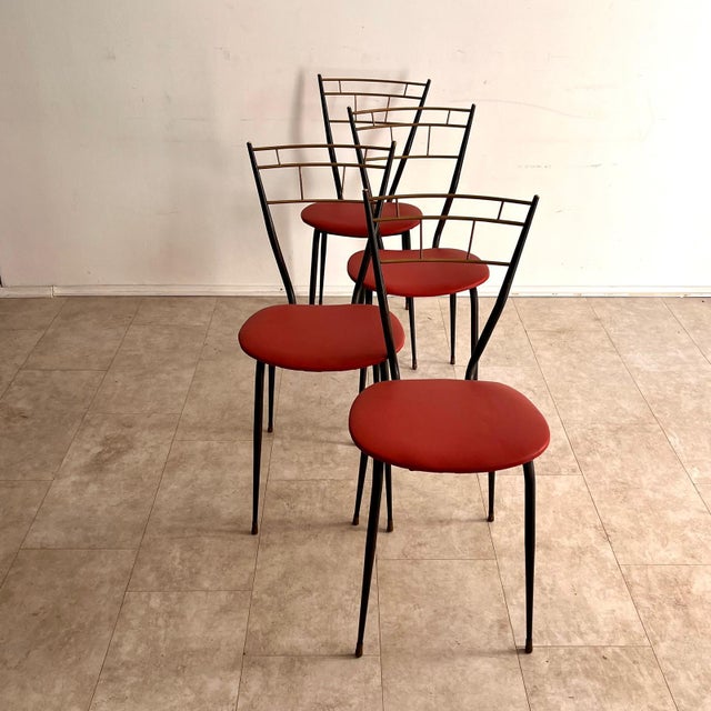 Vintage Metal and Brass Chairs with Red Skai Seat, 1960s, Set of 4 For Sale - Image 4 of 5