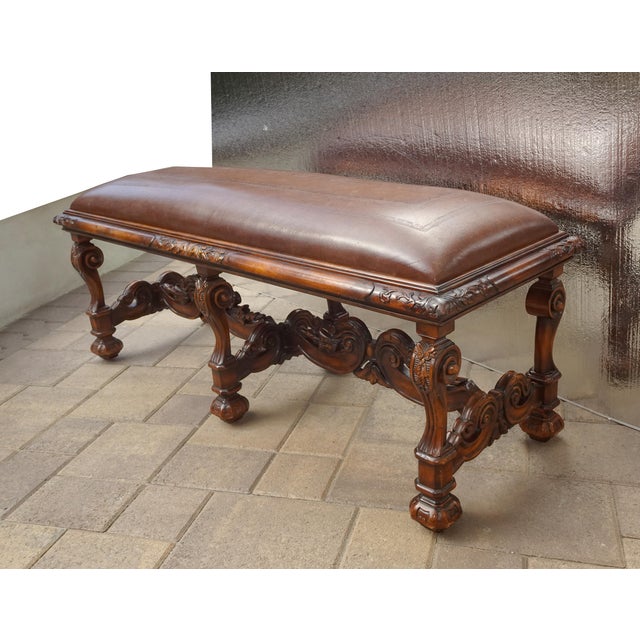 French Bench for Theodore Alexander, William's Window Seat, Ornate Base W Leather Cover For Sale - Image 3 of 15