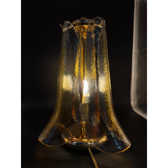 Pair of Murano glass lampshades attributed to Mazzega or La Murrina, 1970s. They feature a design of three amber glass...