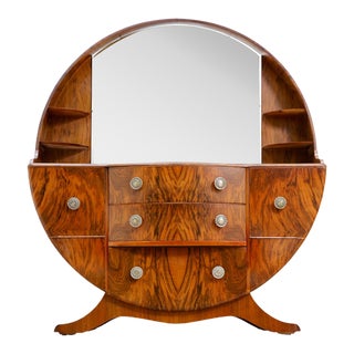 1960s Art Deco Rivival Walnut Vanity Dresser and Mirror For Sale