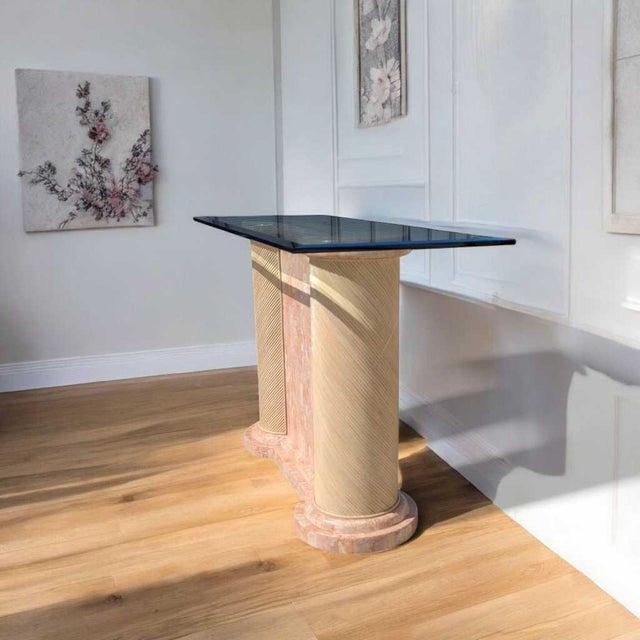 Cream Postmodern Tessellated Stone and Glass Console Table, 1980s, Marble For Sale - Image 8 of 18