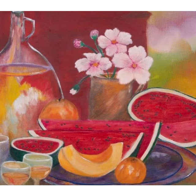 Exceptional Mid Century, signed, dated and framed Still Life Oil Painting of Fruits, Decanter and stemware Signed 1978....
