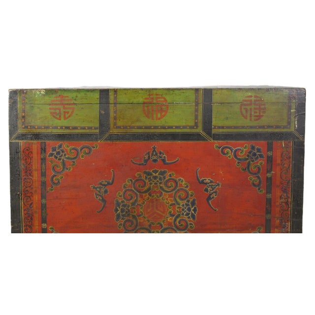 Wood Hand Painted Five Bats Antique Gansu Tibetan Cabinet For Sale - Image 7 of 12