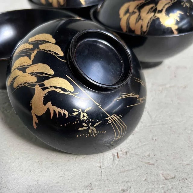 Black Urushi Maki-E Rice Bowls, Japan, 1910s, Set of 3 For Sale - Image 8 of 12
