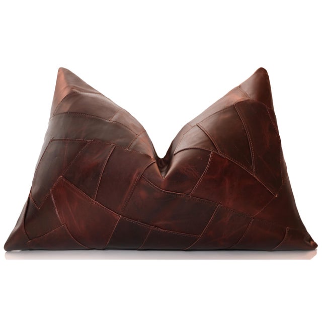 Farmhouse Luxury Distressed Brown Genuine Leather Patchwork Throw Pillow 16x24 | Handmade Designer Lumbar Cushion For Sale - Image 3 of 7