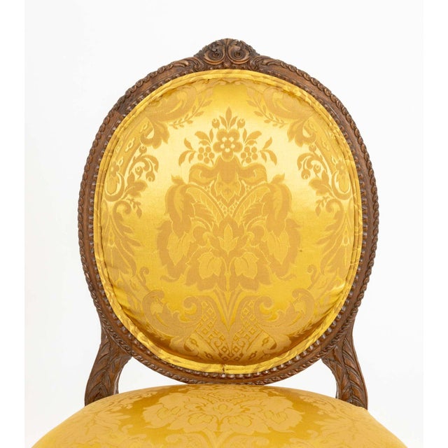 French Louis XVI Style Yellow Silk Damask Upholstered Walnut Side Chair For Sale - Image 3 of 7