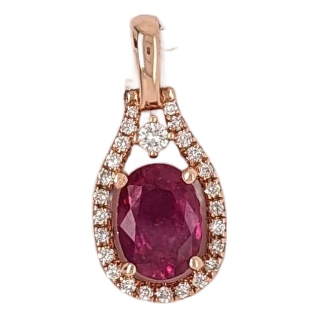 Pretty Red Ruby Pendant W Earth Mined Diamonds in Solid 14k Rose Gold Oval 9x7mm For Sale