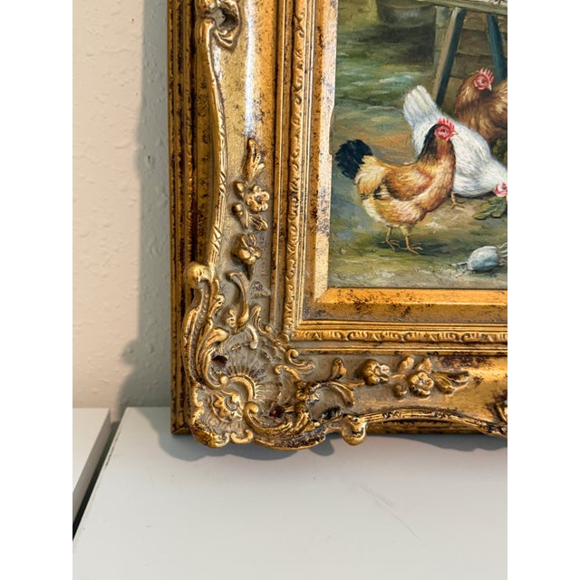 Late 20th Century Vintage Signed Rooster and Chickens Oil Painting Farmyard Hen Scene, Gold Frame For Sale - Image 5 of 12
