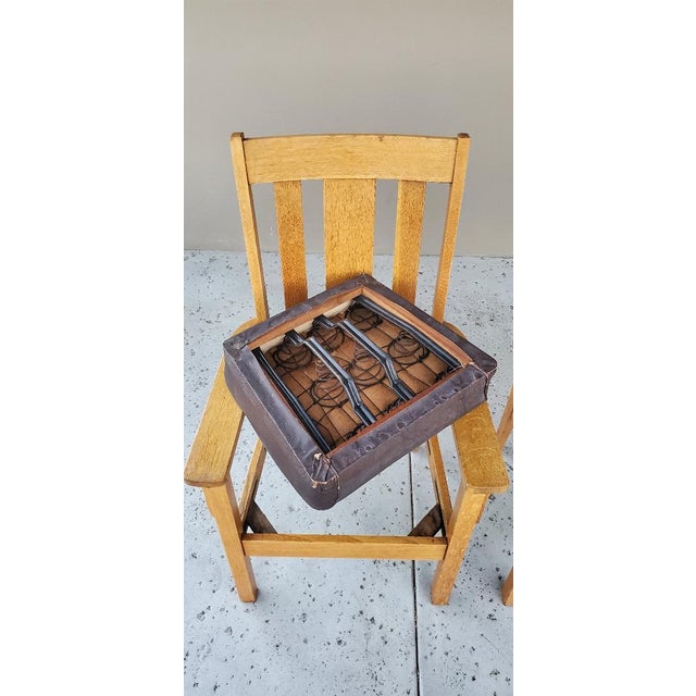Wood Early 20th Century 2 Matching 1910 Mission Quarter Sawn Oak & Removable Leather Seat Arm Chairs For Sale - Image 7 of 18
