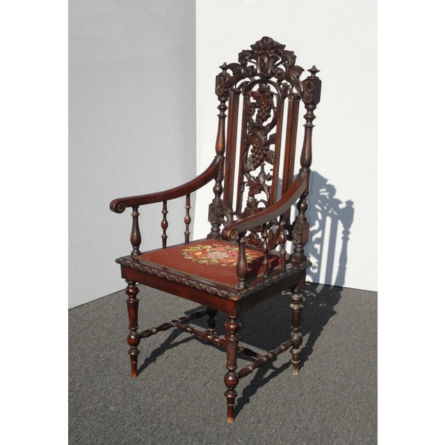 Vintage Spanish Style Highly Carved Throne Chair Needlepoint Floral Seat ~ Victorian For Sale - Image 4 of 13