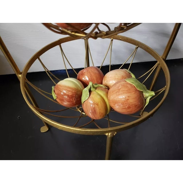 Metal 1970s Hollywood Regency Gilt Metal 3 Tier Fruit Basket With Italian Ceramic Apples For Sale - Image 7 of 8