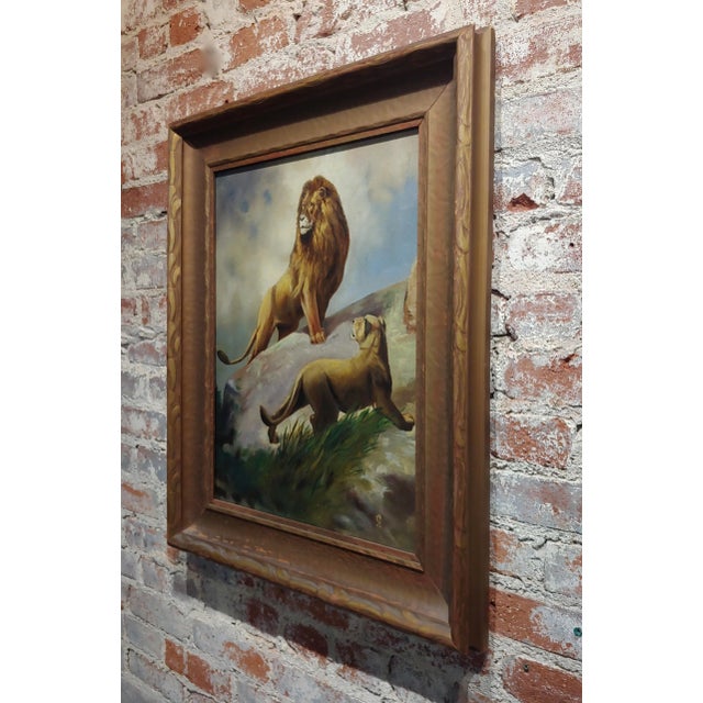 Textile Pair of Lions - 19th Century Victorian Oil Painting on Canvas For Sale - Image 7 of 9