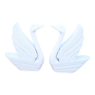 Vintage Solid Carved Wood Hollywood Regency White Gloss Console Table Base Swans- a Pair For Sale
