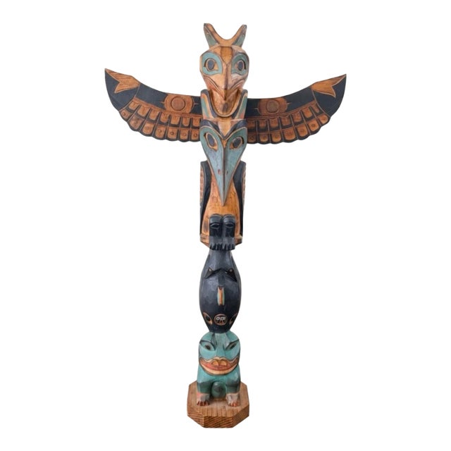 Vintage Large Hand-Carved Wooden Totem 15” Pole by Ray Moore For Sale