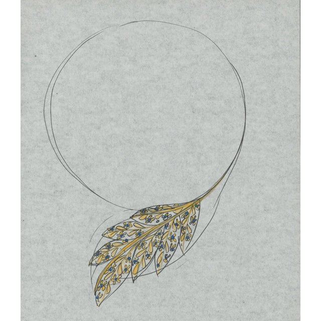 Original jewelry design drawing of an asymmetrical collar necklace with layered gold-tone leaf forms accented by small...
