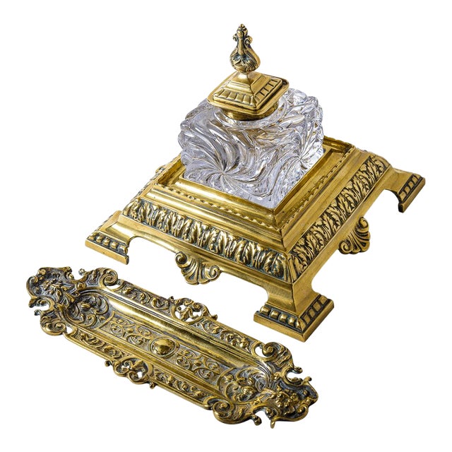 Glass Inkwell and Brass Inkstand With Tray For Sale