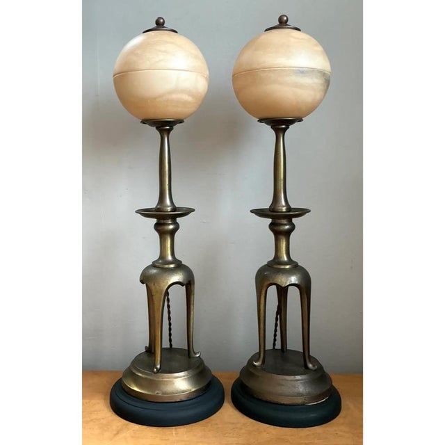 Vintage Brass and Alabaster Table Lamps - Pair For Sale - Image 11 of 12