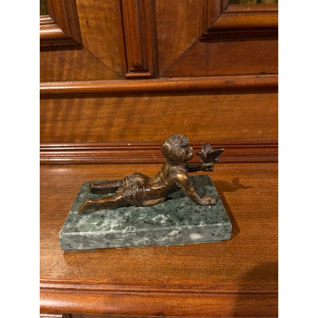 English Early 20th Century Bronze Statue Boy Holding Bird For Sale - Image 3 of 6