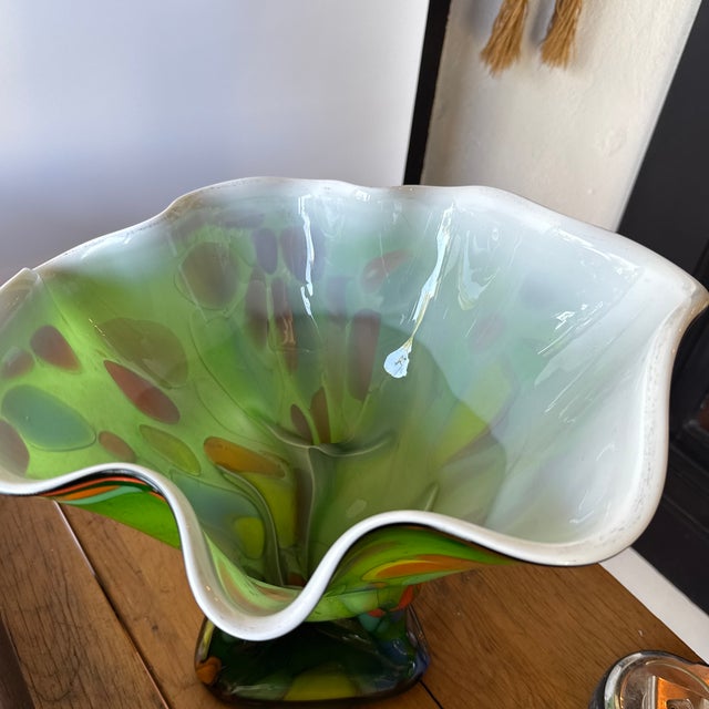 Glass Large 12” Mid-Century Murano Style Splatter Glass Fazzoletto Handkerchief Vase For Sale - Image 7 of 10