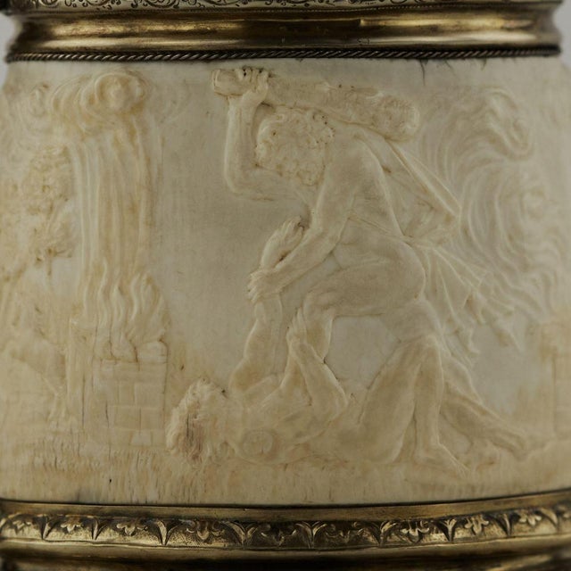 Baroque Silver Beer Tankard with Atlas and Carved Ivory Religious Scenes from Lübeck For Sale - Image 3 of 15