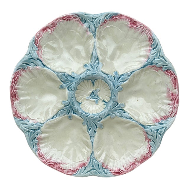 19th Century Majolica Pink & Blue Oyster Plate Gien For Sale