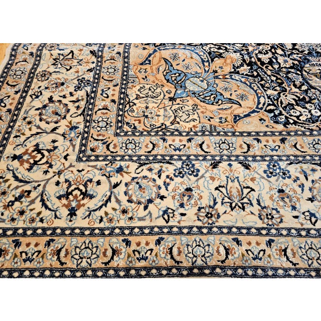Vintage Persian Nain Area Rug, Hand-Knotted Wool & Silk, Floral Pattern, 9x13, Navy & Ivory For Sale - Image 17 of 18