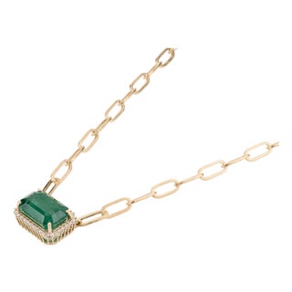 Natural Diamond 6.9ct Dark Green Zambian Emerald Contemporary Necklace in 14k Gold For Sale