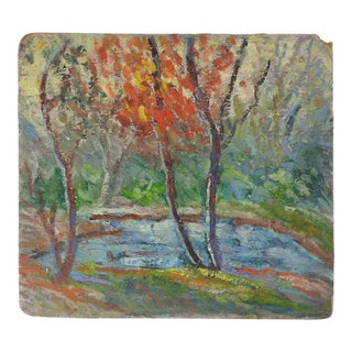 Vintage Plein Air Impressionist Pond & Autumn Trees Landscape Painting For Sale
