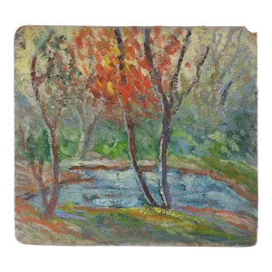 Vintage Plein Air Impressionist Pond & Autumn Trees Landscape Painting