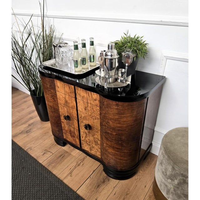 Metal Mid-Century Art Deco Italian Burl Walnut Mosaic Dry Bar Cabinet with Mirror, 1960s For Sale - Image 7 of 12