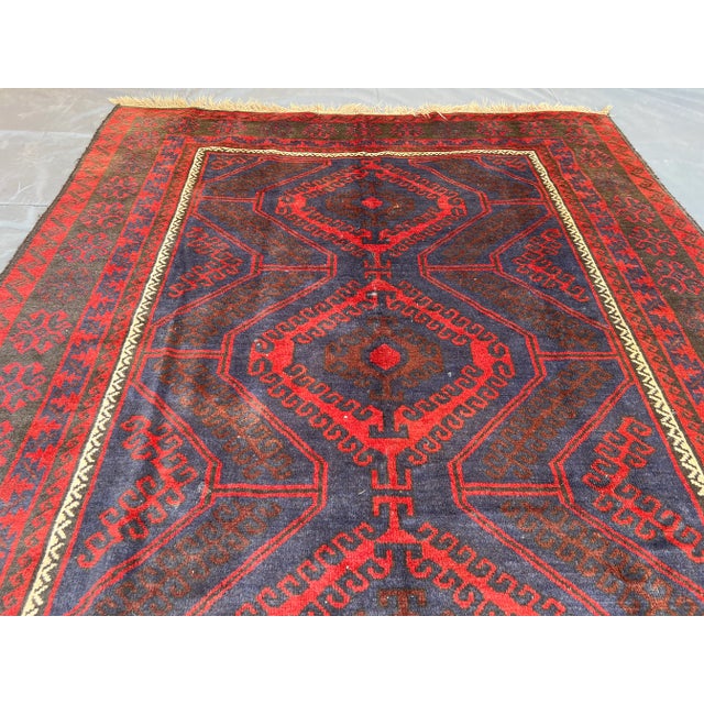 1960s Vintage Afghan Hand-Knotted Baluchi Soft Rug, Red & Blue Tribal Design, Wool Pile Rug For Sale - Image 5 of 10