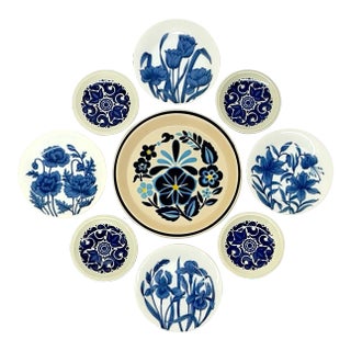 Graphic Floral Blue & White Wall Plate Curation - Group of 9 For Sale