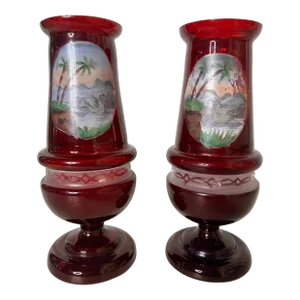 Pair of Hand Enameled Cranberry Bohemian Glass Vases